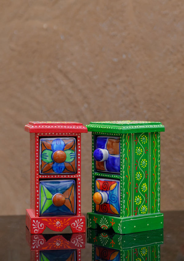 Wooden Hand Painted Ceramic Spices Box 2 Drawers