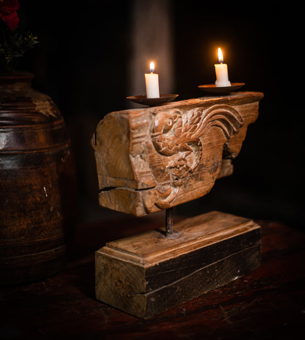 Wooden Dual Candle Holder with Iron Stand
