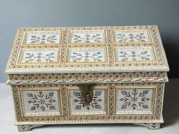Hand-Carved Camel Bone Inlay Trunk with Hand-Painted Embossed Artwork