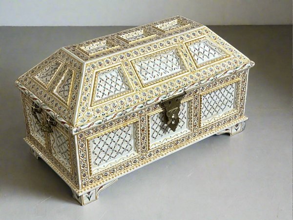 Exquisite Camel Bone Inlay Trunk with Embossed Artistry- Handcrafted Storage Chest
