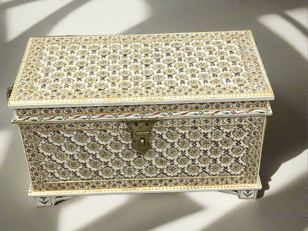 Exquisite Camel Bone Inlay Trunk: Hand-Painted Embossed Artwork Storage Chest