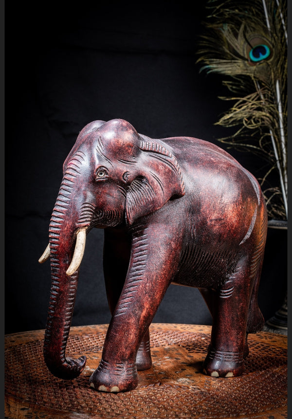 Teak Elephant Wood Sculpture Carved Statue Elephant Decor (set of 2)