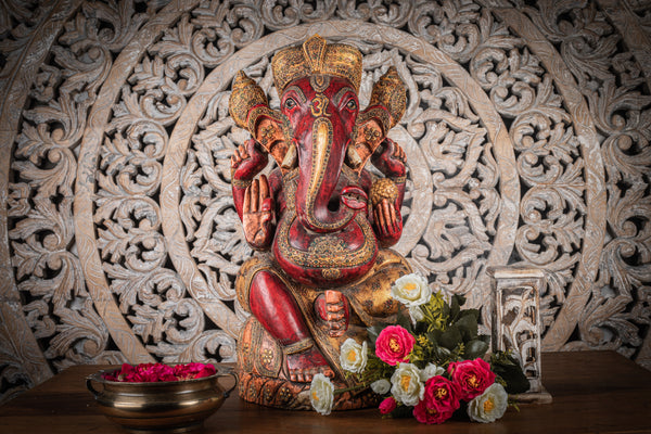 Red Wooden Ganesha Statue With Gold Leaf Work