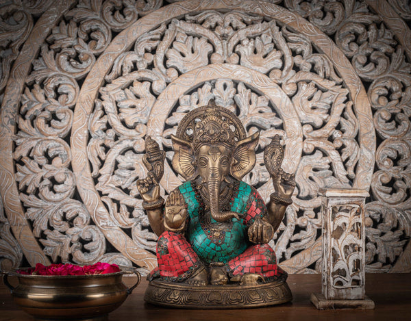 Brass Sitting Ganesha Statue With Stone Work