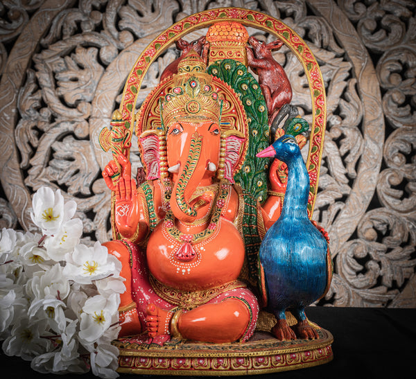 Wooden Ganesha Statue with Peacock