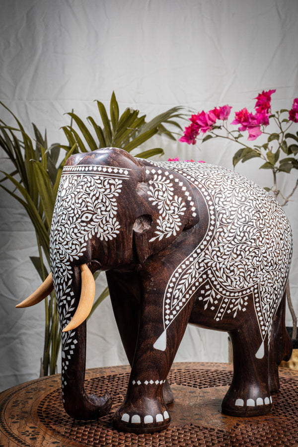 Teak Wood Elephant Statue With Bone Inlaid Work