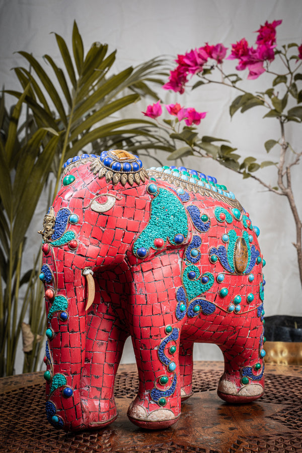 Handmade Wooden Red Elephant with Stone Overlay Work