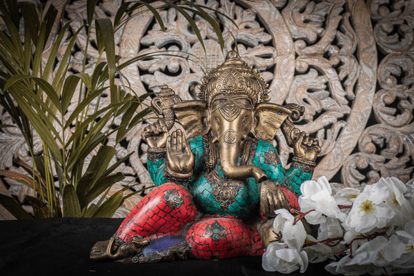 Brass Sitting Ganesh Idol with Turquoise and Coral Stone Work