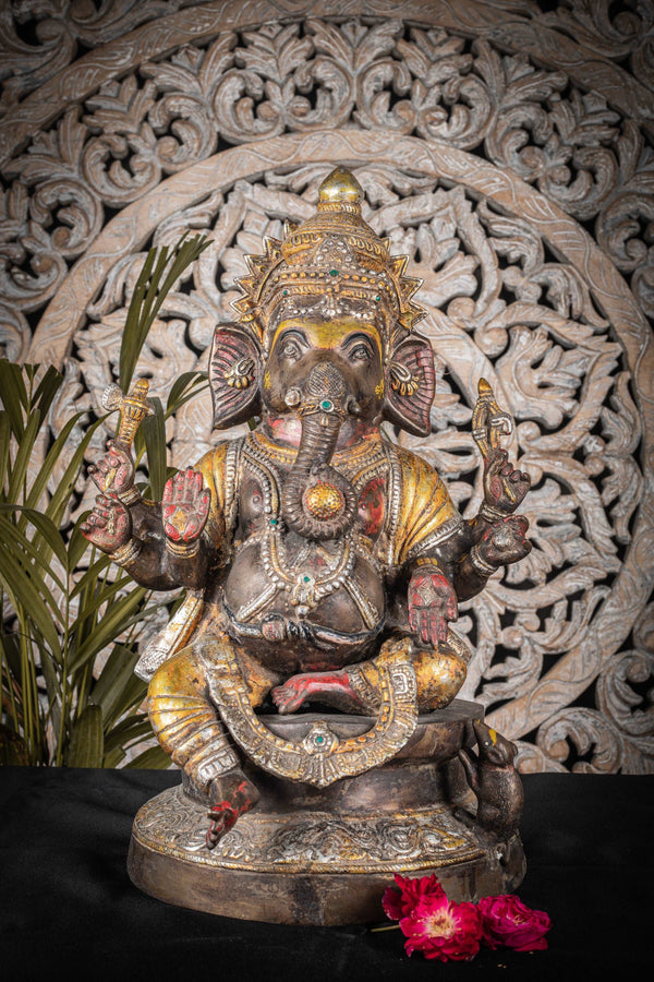 Handcrafted Brass Ganesha Statue with Gold Leaf Work