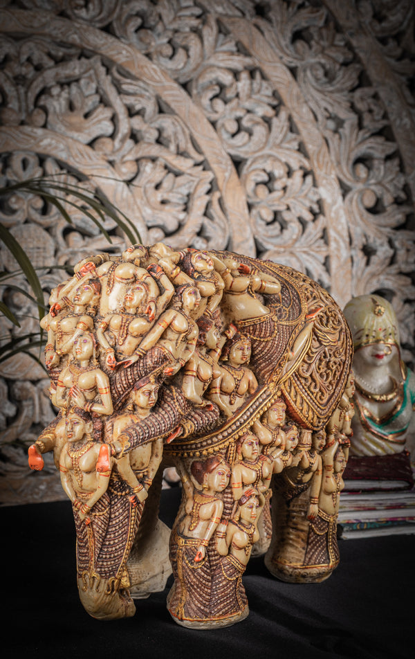 Stone Dust Lady Elephant with Ruby Eyes and Amber Detailing