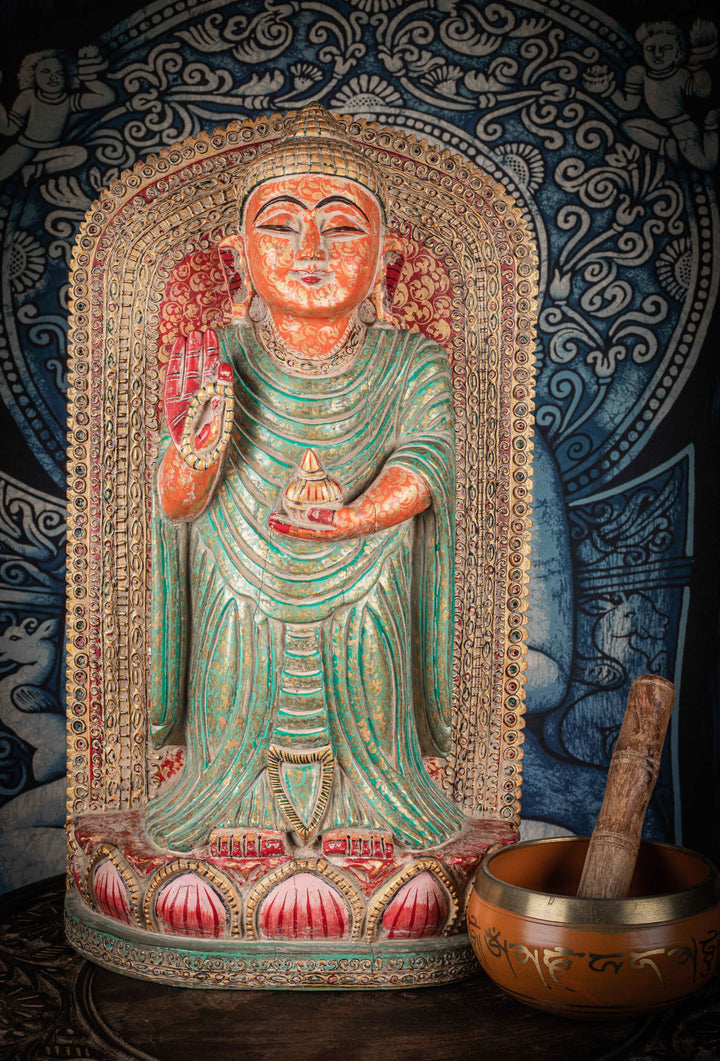 Hand painted wooden Buddha statue With Gold Leaf Detailing