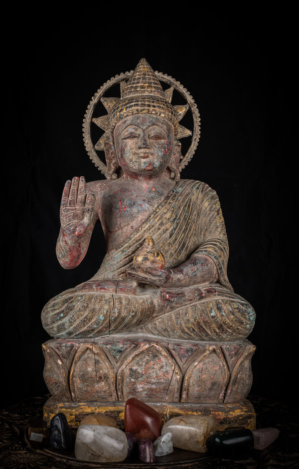 Rustic Wooden Buddha Statue vintage look