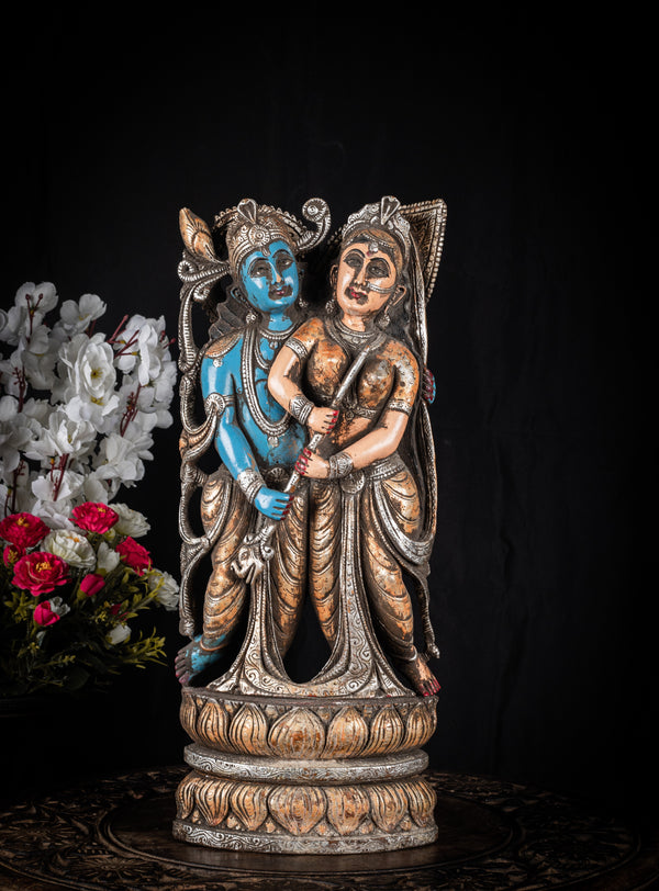 Handmade Wooden Radha Krishna Statue Vintage Look