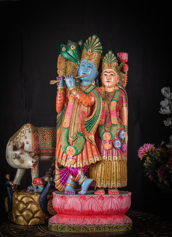 Wooden Meenakari work Radha Krishna Statue