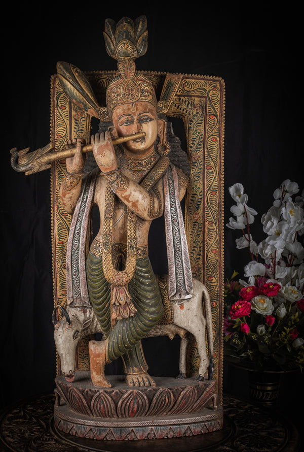 Wooden Krishna Rustic Finish Statue