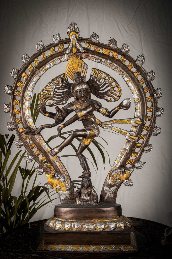 Antique Finish Brass Natraj Statue With Gold Leaf Work