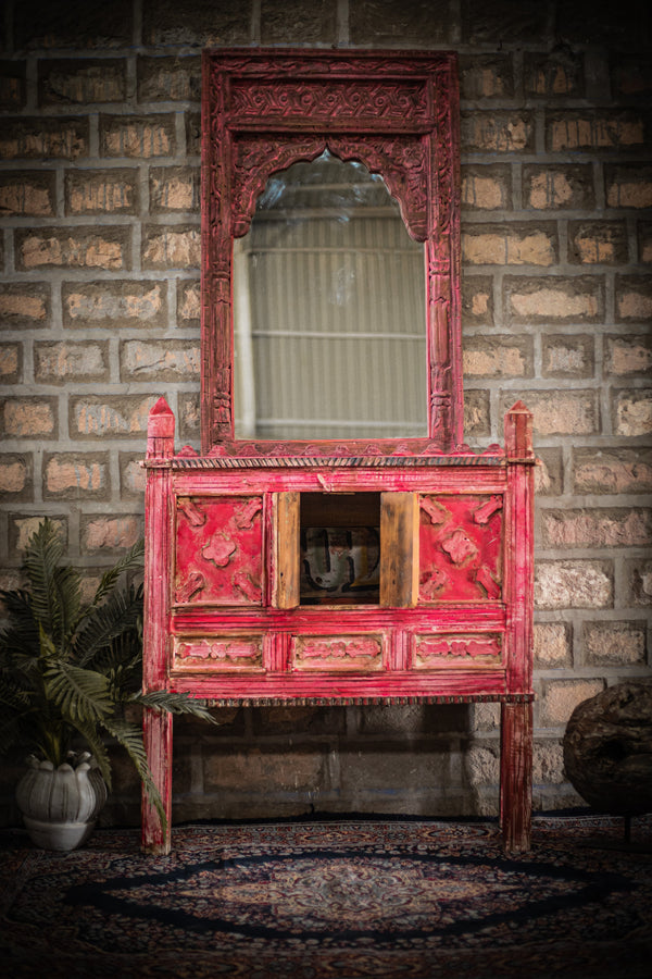 Wooden Console with Rustic Finish Mirror in Pink Color