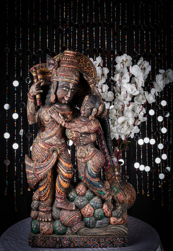 Wooden Radha Krishna Statue Vintage Look