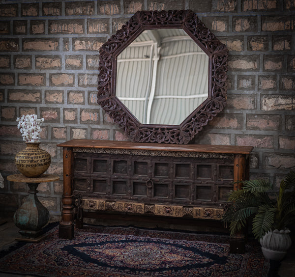 Vintage Hexagon Shape Mirror and Cabinet Wooden Console Table