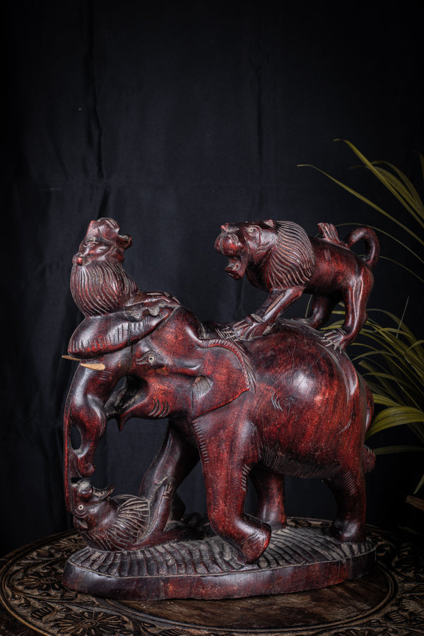 Wooden Elephant and Lion Hunting Statue