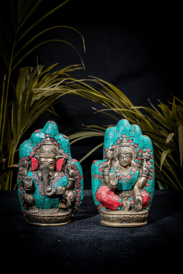 Brass Ganesh and Laxmi Palm Statue