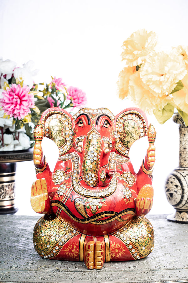 Wooden Painted Ganesha Statue With Gold Leaf Work