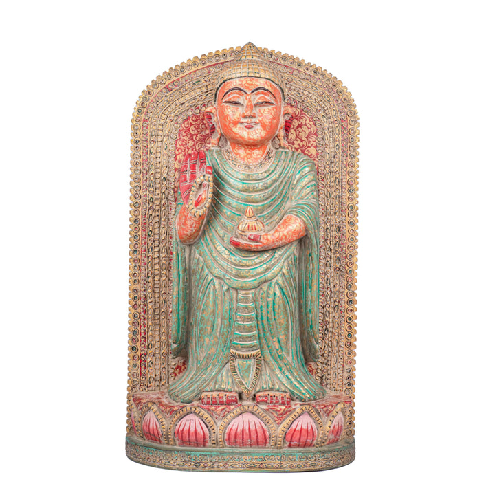 Hand painted wooden Buddha statue With Gold Leaf Detailing