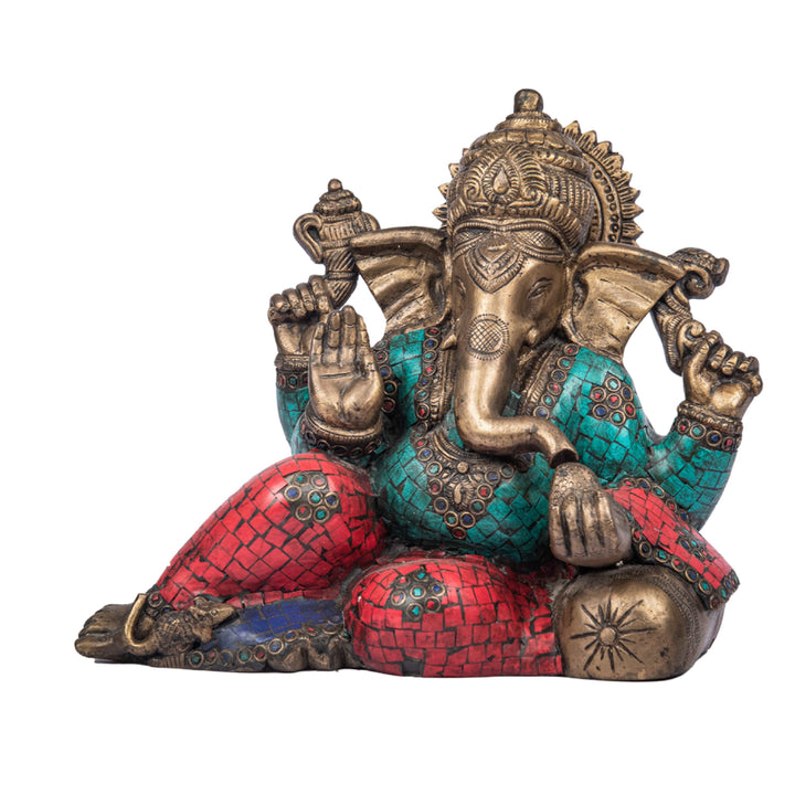 Brass Sitting Ganesh Idol with Turquoise and Coral Stone Work