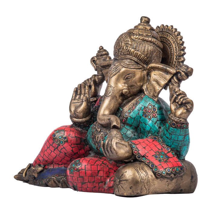 Brass Sitting Ganesh Idol with Turquoise and Coral Stone Work