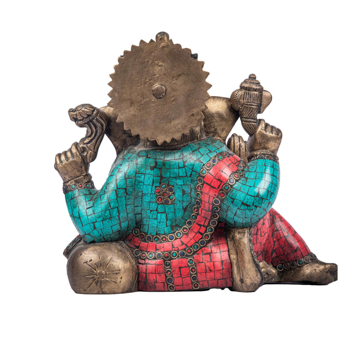 Brass Sitting Ganesh Idol with Turquoise and Coral Stone Work