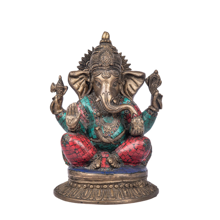 Brass Sitting Ganesha Statue With Stone Work