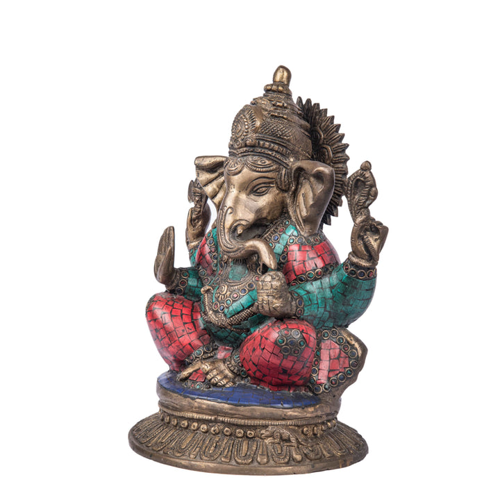 Brass Ganesha Statue with Turquoise and Coral stone work.