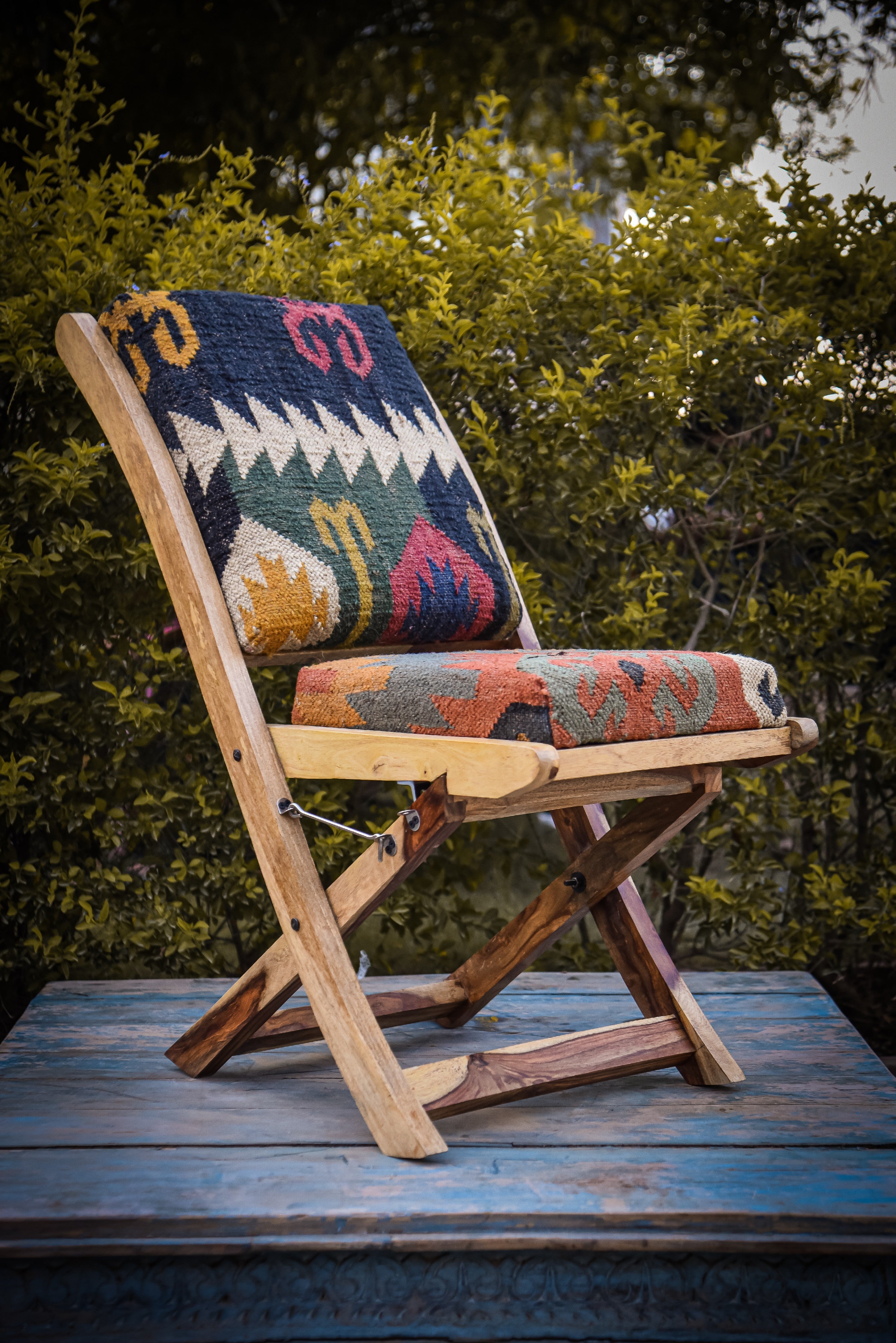 Wooden Garden Chair with Printed Soft Seat Thesuryacraft