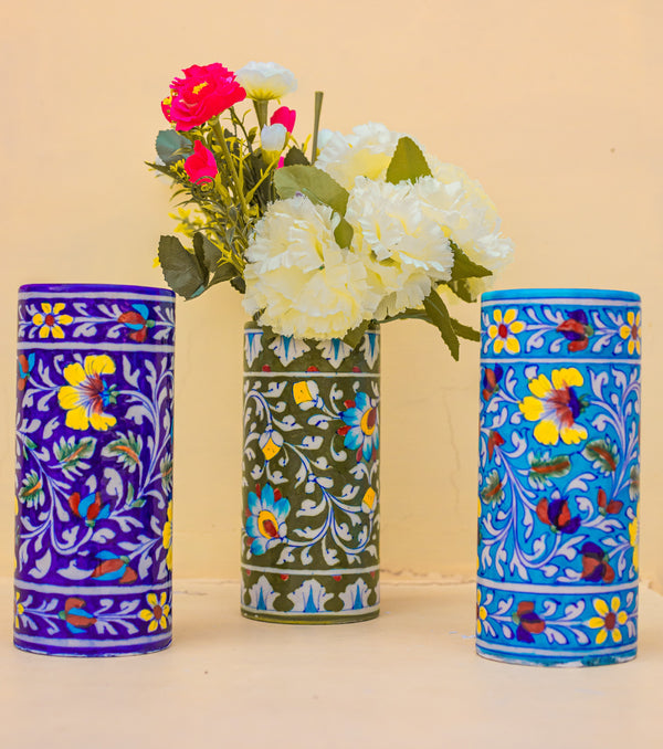 Blue Pottery Floral Cylinder Vase