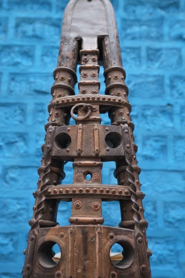 Traditional Wooden Open Shelves with Intricate Iron Work Design