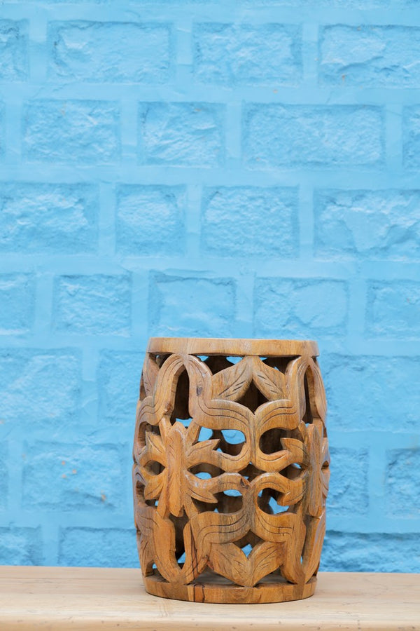 Rustic Wooden Carved Stool Side Table – Handcrafted Vintage Charm