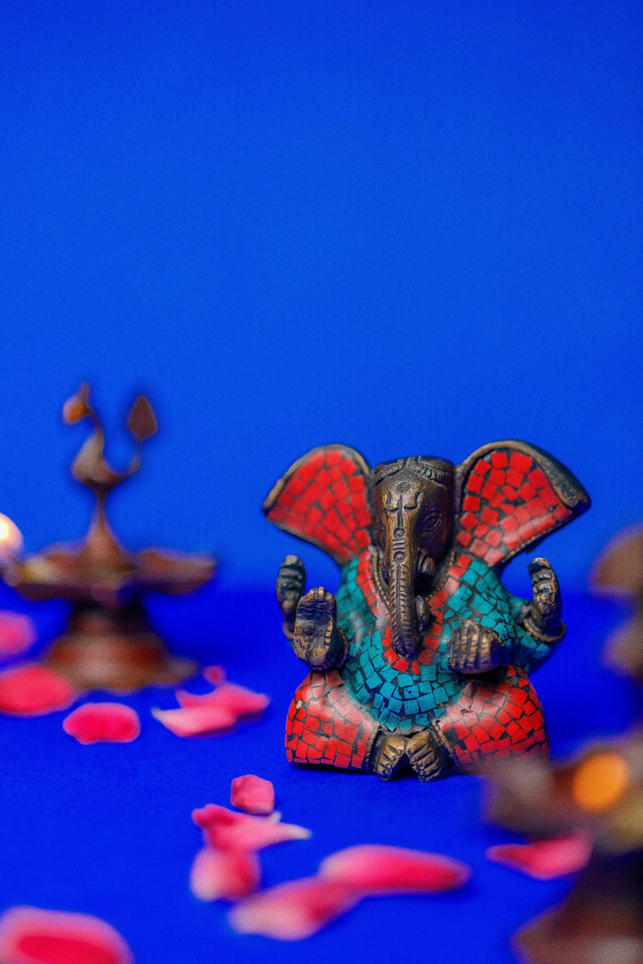 Brass Ganesha Statue with Coral and Turquoise Stone Work