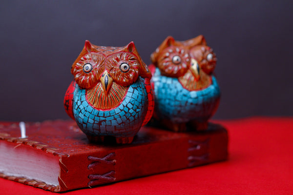 Wooden Owl With Stone Work Set Of 2