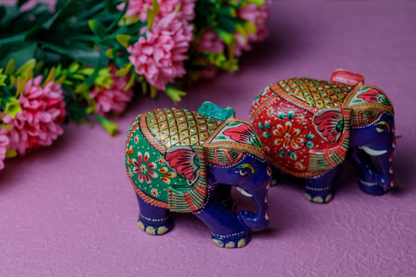 Wooden and Meenakari Elephant Statue Set Of 2