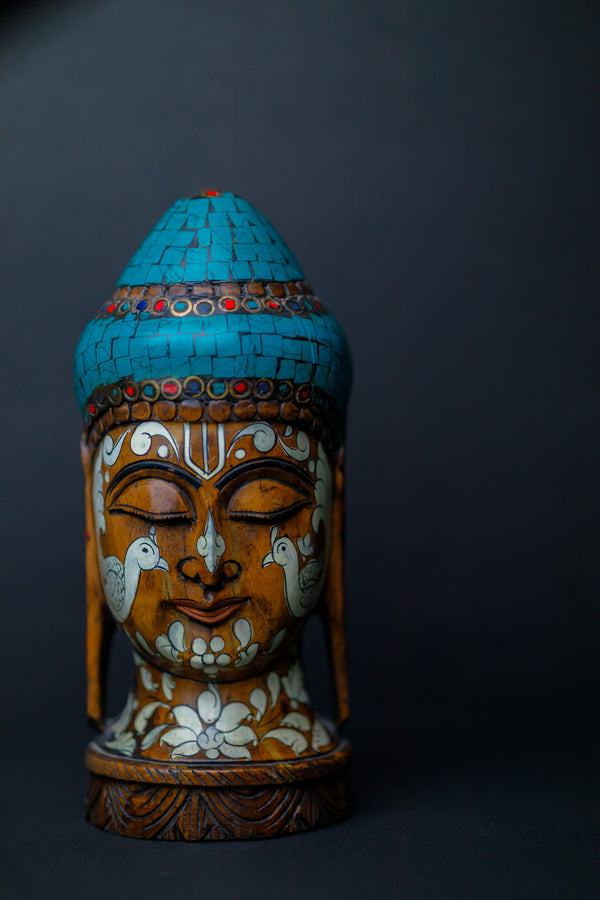 Wooden Buddha with Turquoise Stone Inlay