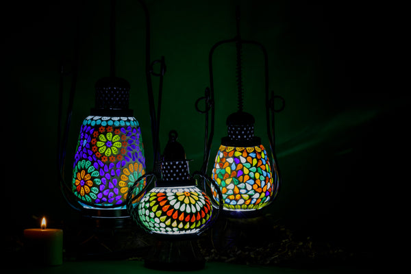 Moroccan Lantern with Colorful Glass and Metal Patterns