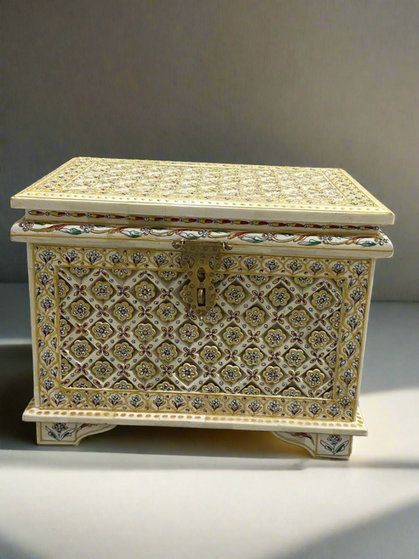Exquisite Hand-Painted Bone Inlay Jewelry Box with Embossed Artwork