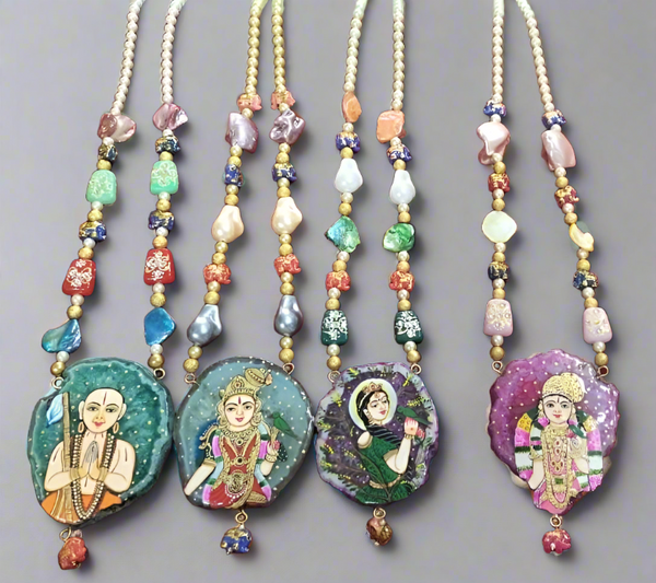 Handcrafted Agate Stone Pendant Necklace - Hand-Painted Goddess Andal & Ramanujacharya