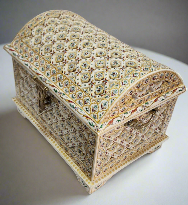 Hand-Painted Bone Inlay Jewelry Box with Embossed Details